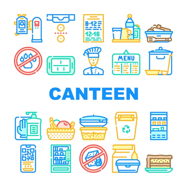 School Canteen Menu Collection Icons Set Vector Canteen Food And Drink Basket With Fruits And Cake Dessert Cooked Dish And Chef Concept Linear Pictograms Contour Color Illustrations