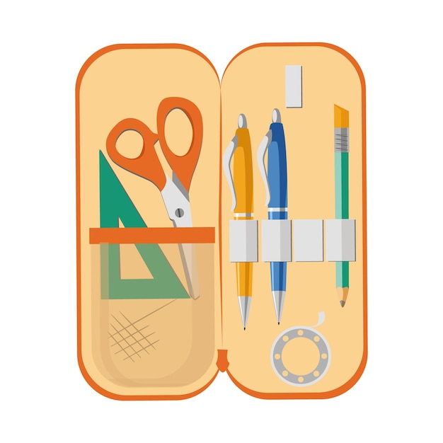 School case with pens and pencil Office supplies Cartoon illustration Isolated on white background