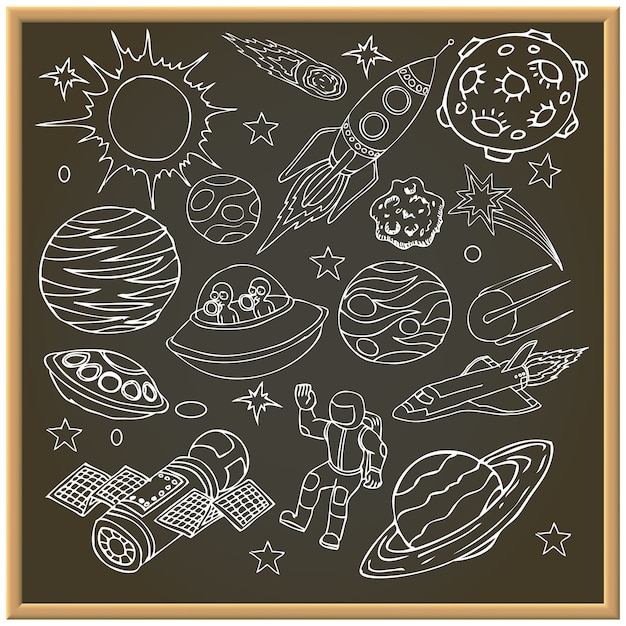 School chalk board with with outer space doodles