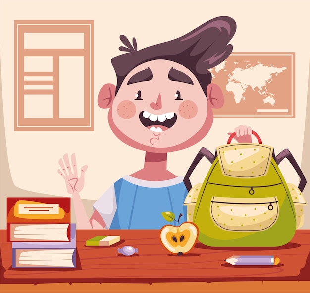 School children kid character sitting on table in classroom concept composition