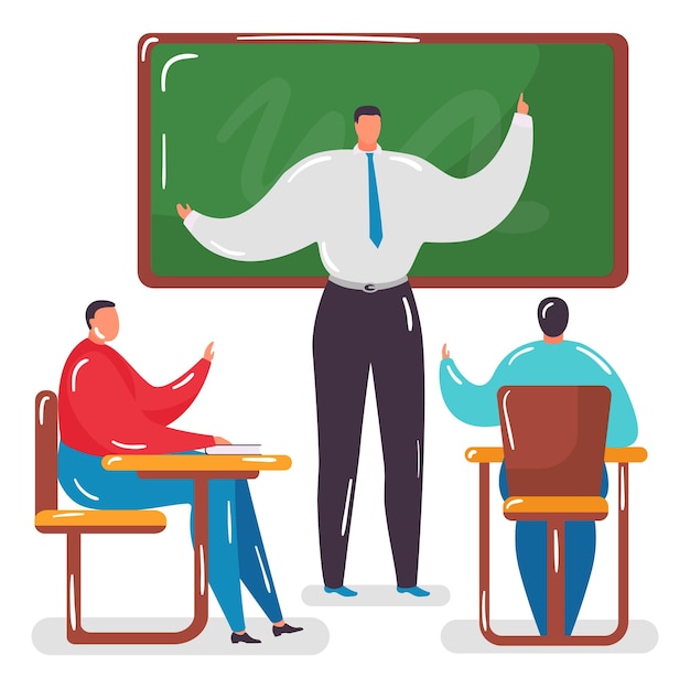 School classroom concept, teacher character male teacher student man, academic education line flat vector illustration, isolated on white.