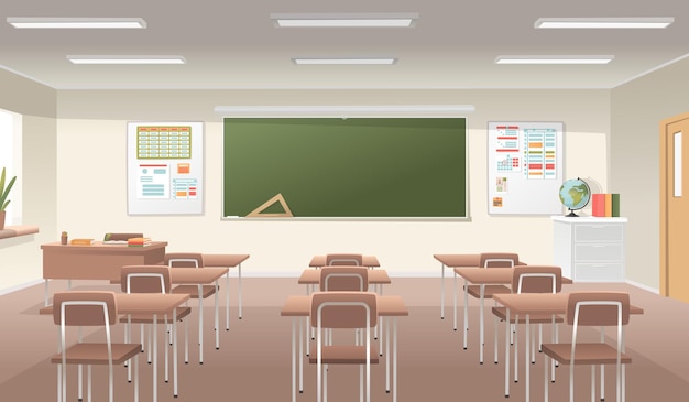 School classroom interior A bright spacious room with blackboard desks studying science education