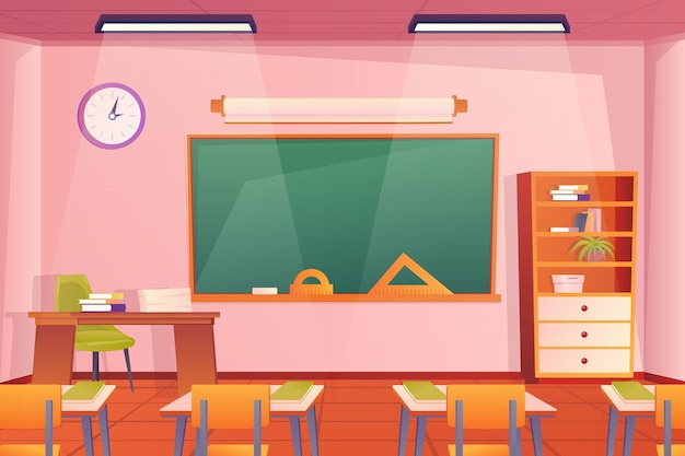 School classroom interior concept in flat cartoon design room and furniture wallpaper class