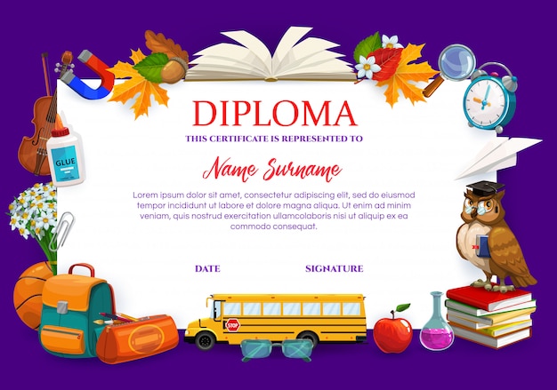 School, college diploma certificate, school items