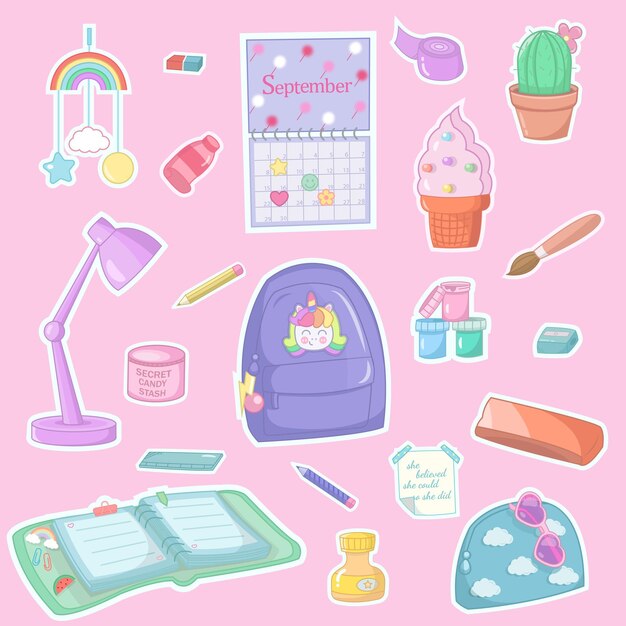 Vector school cute supplies for girls printable labels vector illustration for school