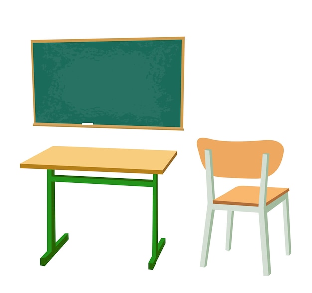 School desk, chipboard and a chair. Vector flat color illustration. Isolated on white background.