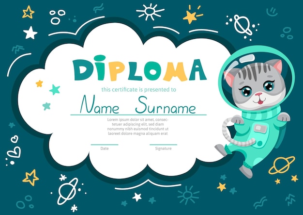 School diploma certificate template with cute kitty astronaut in space suit