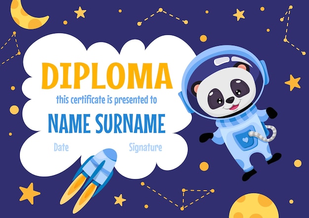 School diploma certificate template with cute panda astronaut in space suit