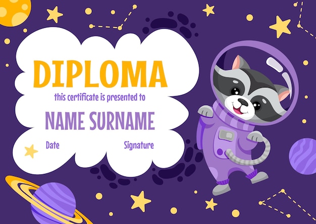 School diploma certificate template with cute raccoon astronaut in space suit for kids