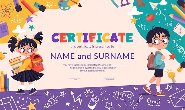 Vector school diploma certificate template with cute schoolchildren for kids in kindergarten