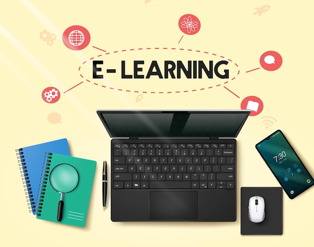 School e learning text vector design Online class with laptop and mobile phone technology devices