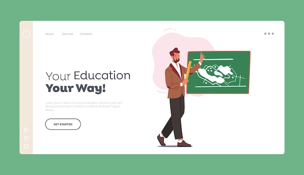 School Education Learning Landing Page Template Teacher Stand at Blackboard with Writings Explain Lesson to Students