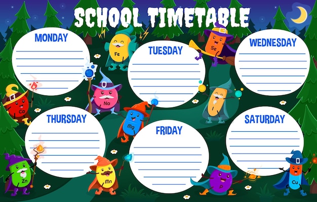 School education timetable Cartoon mineral and micronutrient wizards and sorcerers in night Halloween forest Vector weekly planner template with Ca Zn Mn Mg Na Fe and Se I P or Cu capsules