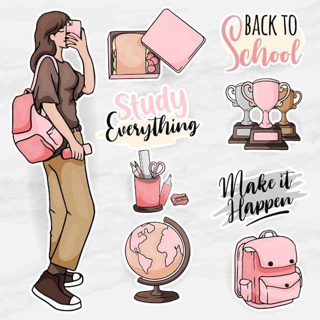 School element sticker set with school girl clip art elements