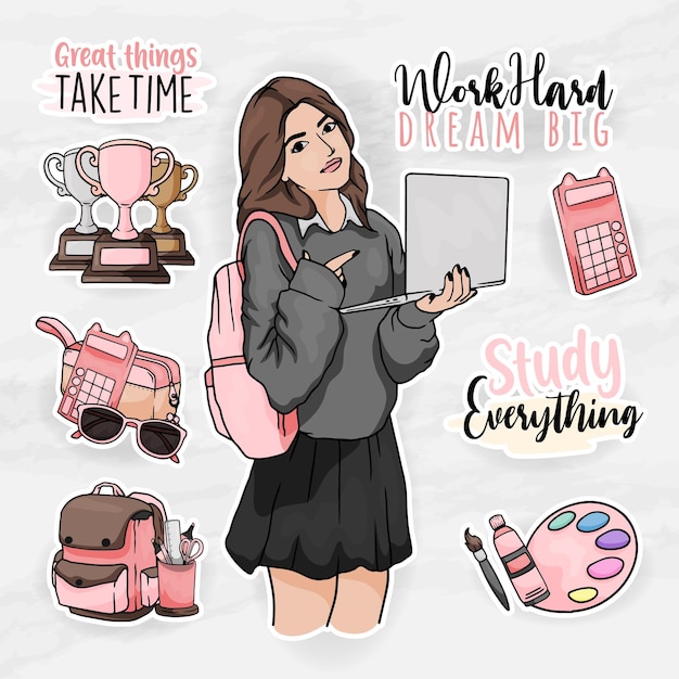 school element sticker set with student girl clip art elements