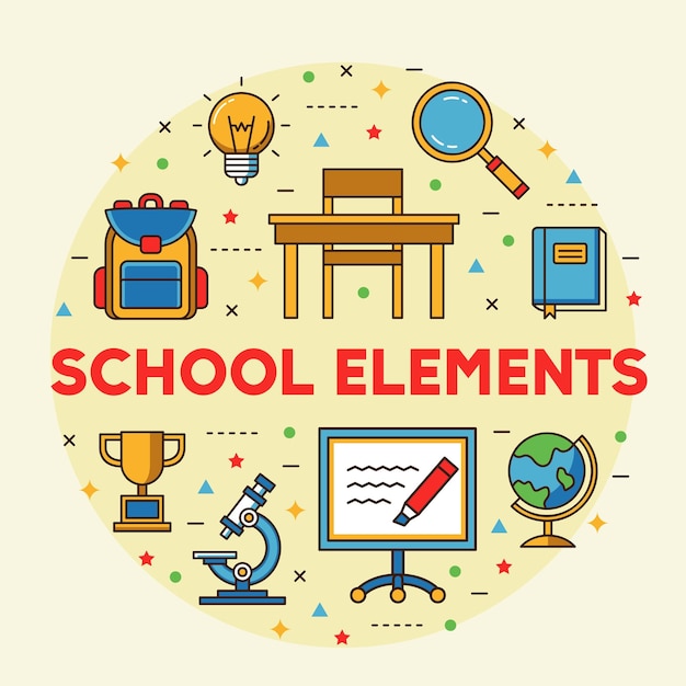 School elements illustration design graphics Whiteboard schoolbag globe desk chair book loop trophy globe and microscope illustration