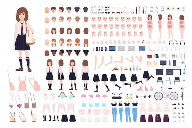 School girl constructor or DIY kit. Set of young female character body parts, facial expressions, uniform  on white background.