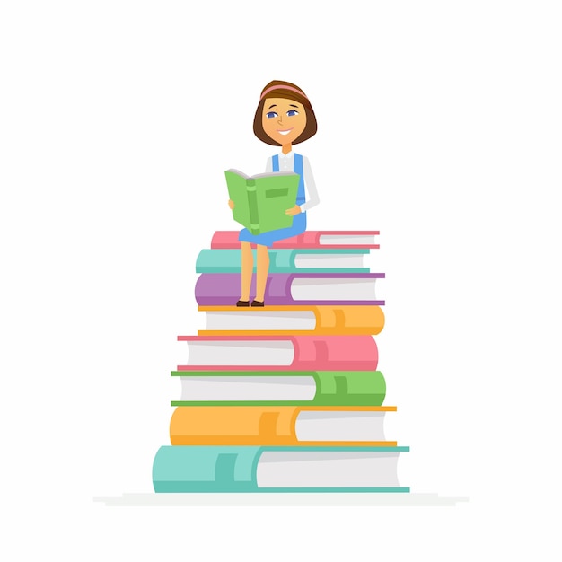 School Girl - modern vector people character illustration of happy teenager child, kid sitting on pile of books reading. A senior student get ready to learn, study, for a new academic year, knowledge