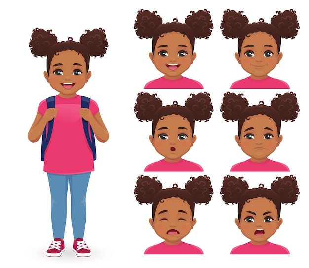 School girl with backpack emotions set isolated vector illustration