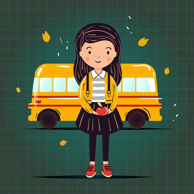 School girl and yellow school bus back to school kids cartoon vector illustration