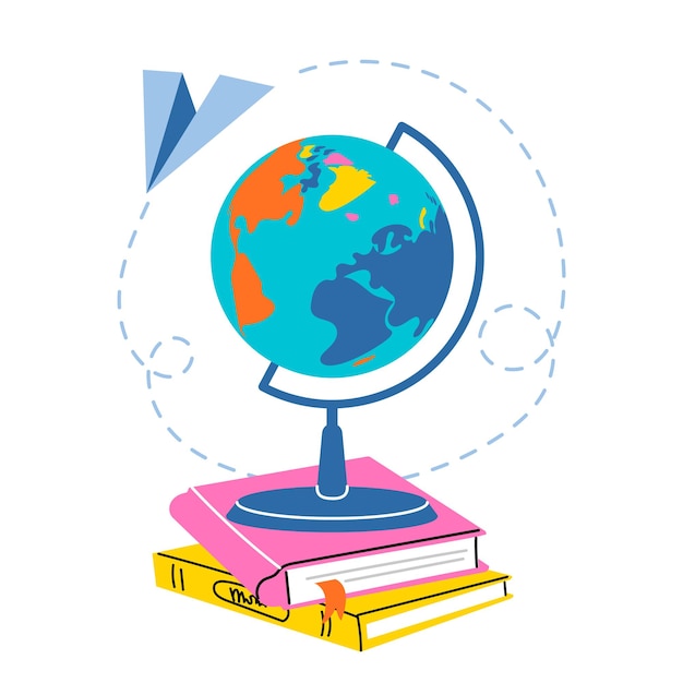 School globe with a stack of books. Education concept. Hand drawn illustration in cartoon style. Vector on white background