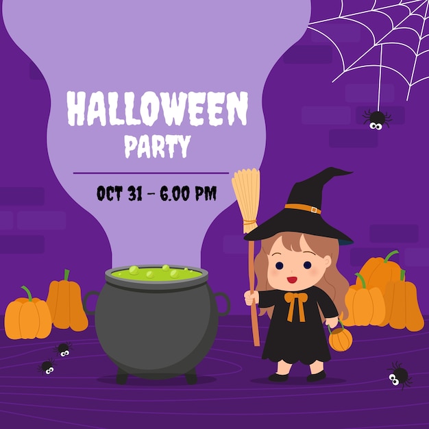 School halloween party square invitation card template for social media post. Witch with potion cauldron and magic broom decorated with spider web. Cute   .