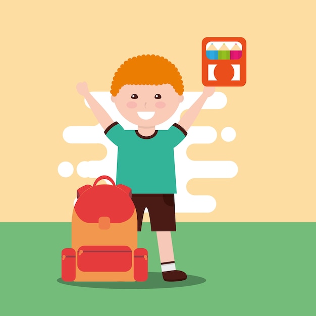 school happy little boy holding color box backpack 