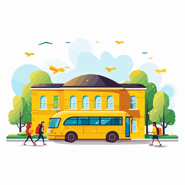 School House Building with Yellow Bus in Front