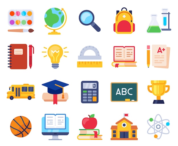 School icons. Education process students elementary study, pupil, note, pencil and book. Computer, ruler, school building vector set. Illustration education school, pencil and blackboard