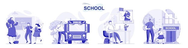 School isolated set in flat design People get education pupils and students learning