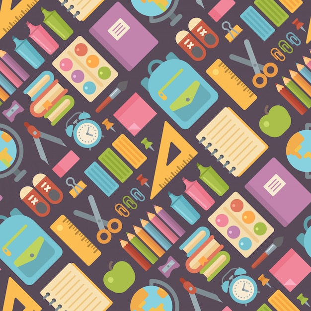 School items seamless pattern on dark background. Back to school