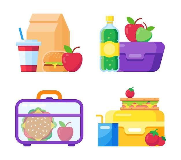 School kid lunch box Healthy and nutritional food bottle or cup of drink Sandwich and snacks packed in plastic containers