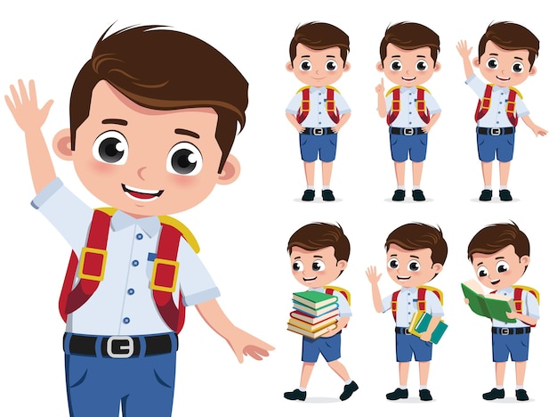 School kid vector character set Back to school boy student characters