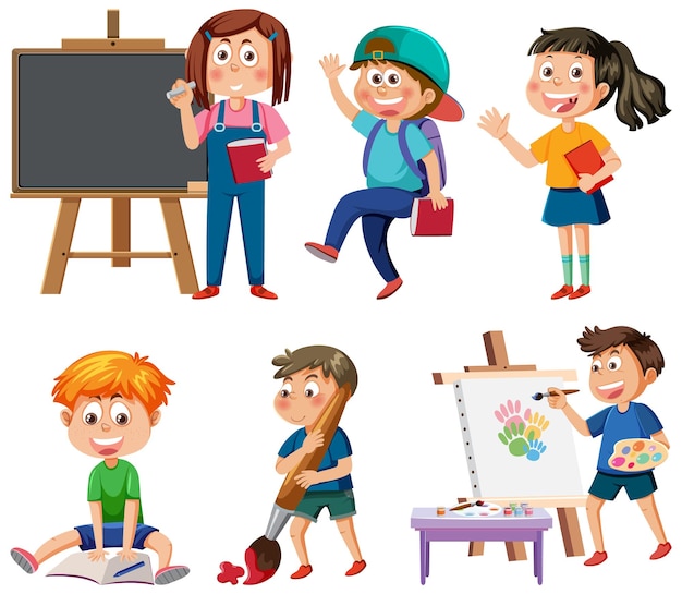 School kids cartoon characters set