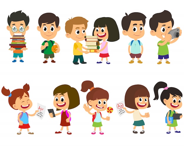 School kids happy character vector.