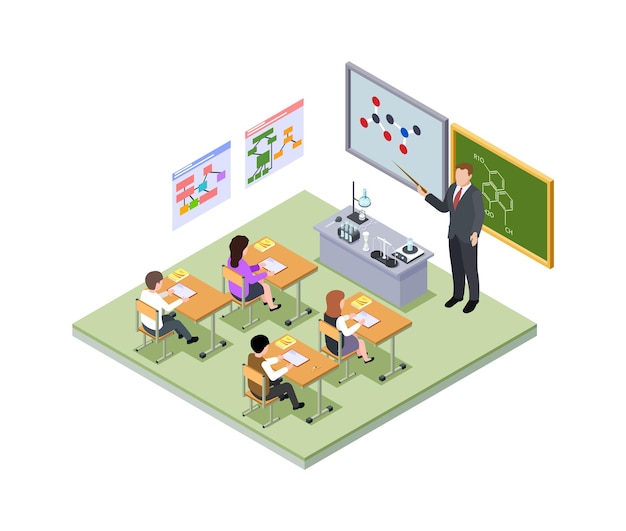 School lesson isometric concept Teacher children at desks at classroom Chemistry equipment and molecular formulas young medical students vector illustration