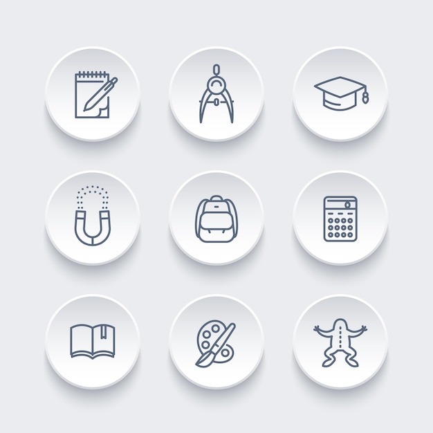 School line icons set, education, college, physics, biology, geometry, graduation cap, backpack, compass