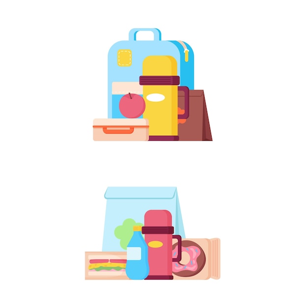 School lunch bags and trays with sandwiches, fruits and donut, thermos bottle