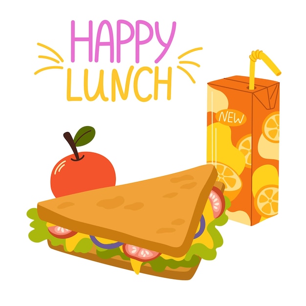 Vector school lunch various food sandwich juice and apple hand drawn vector illustration