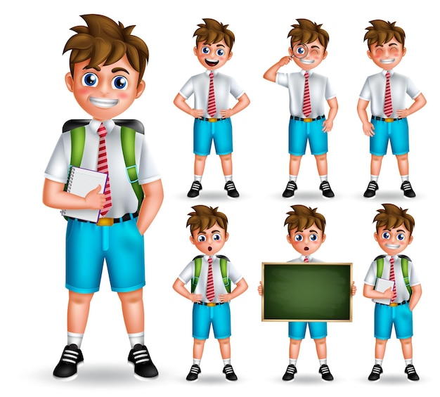 School male characters vector set Back to school boy character isolated in white background