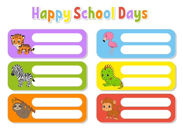 School name label Bright stickers Rectangular label Cute characters Color vector isolated illustration