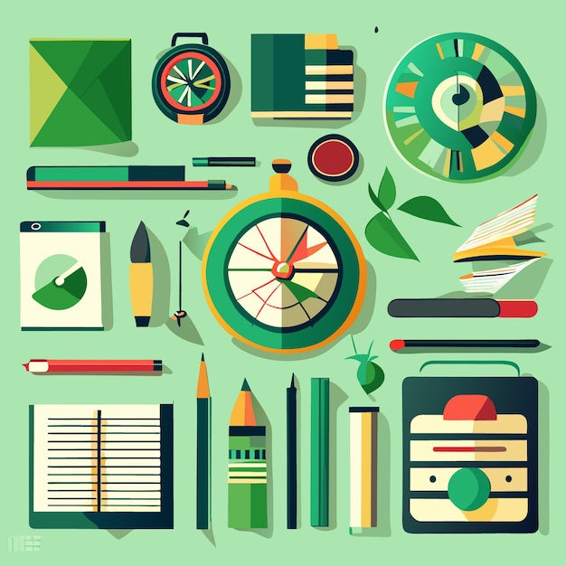 school and office supplies vector collection stationery on green background such as compass