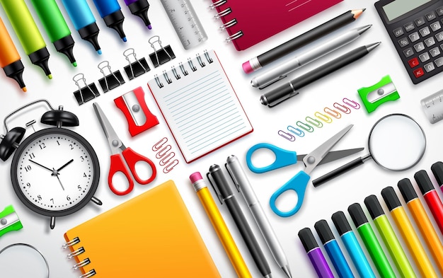 Vector school and office supplies vector set background with colorful school items and stationery