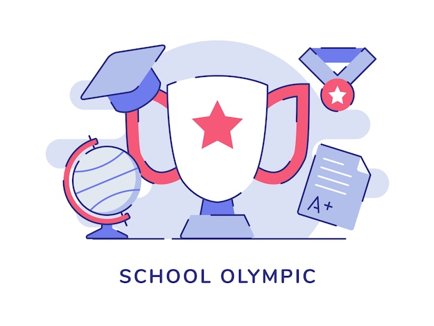 School olympic concept with trophy and globe and medal with flat outline style