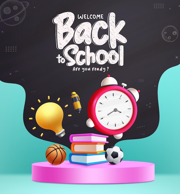 School podium vector banner design Welcome back to school greeting text with 3d books alarm clock