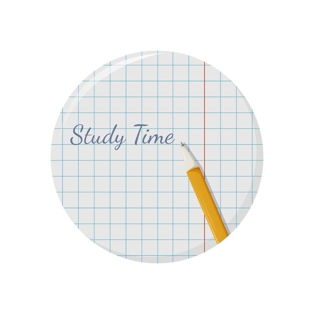 School round sticker, checkered notebook, study time text and pen. Vector illustration.