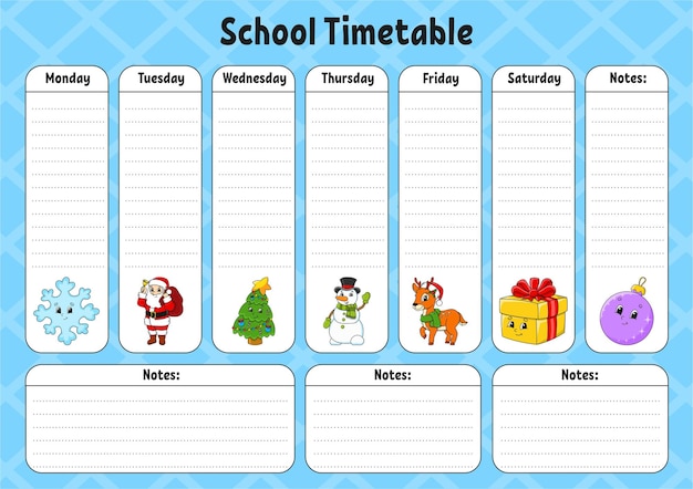 School schedule Timetable for schoolboys Empty template Weekly planer with notes cartoon character