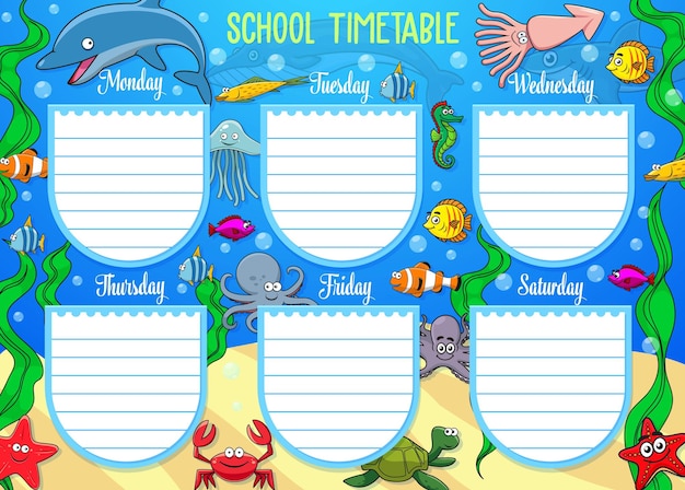 School schedule on whole week underwater animals