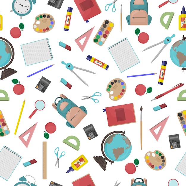 School seamless pattern consisting of school stationery such as a backpack notebook globe compass calculator eraser and also paints glue ruler eraser and alarm clockVector illustration