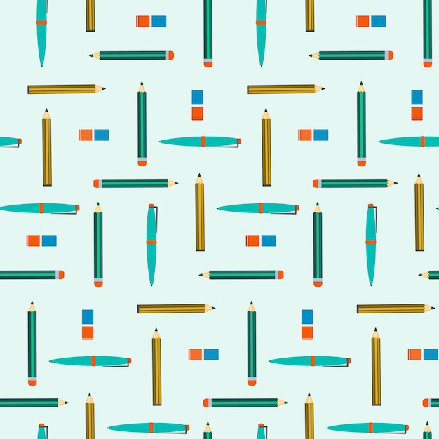 School seamless pattern with pens pencils and erasers